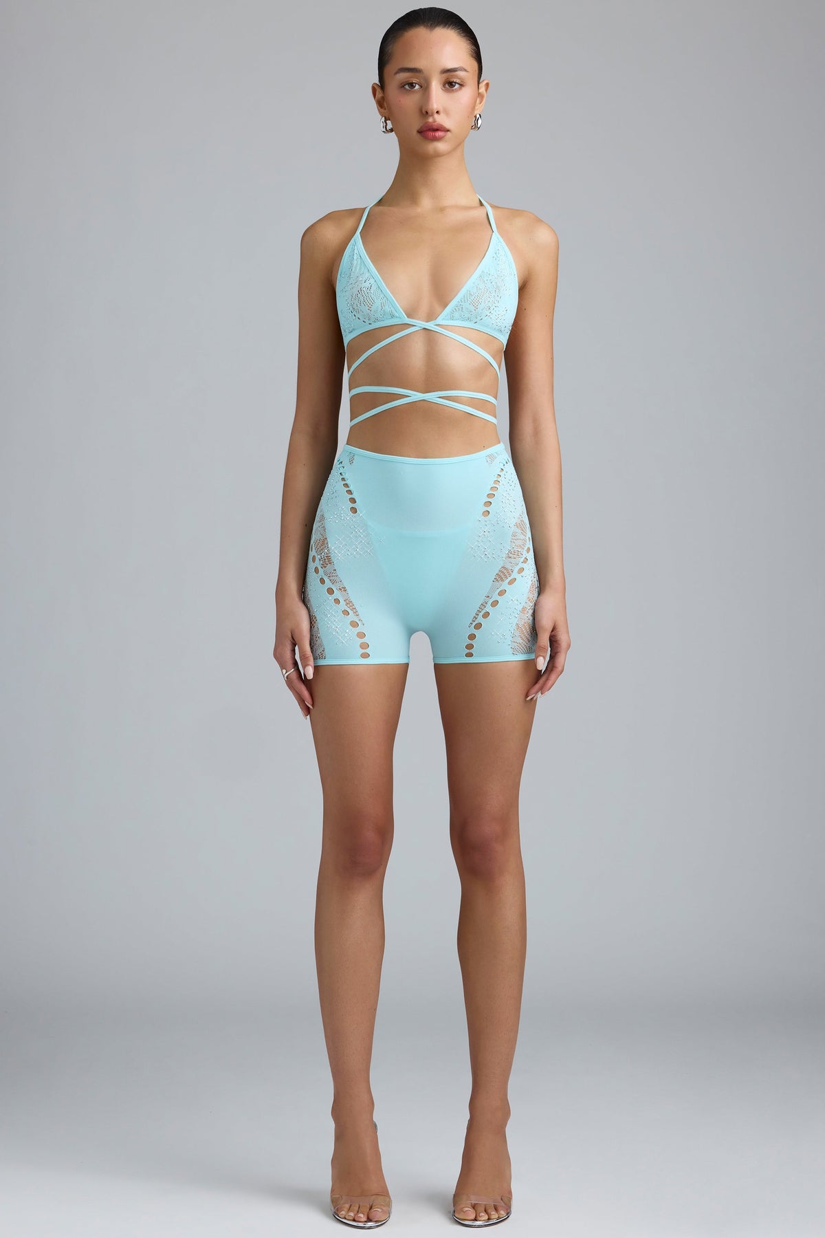 Chic Embellished High-Waist Shorts in Ice Blue