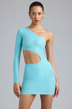 Chic Metallic Cut-Out One-Shoulder Mini Dress in Ice Blue