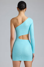 Chic Metallic Cut-Out One-Shoulder Mini Dress in Ice Blue