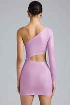 Chic Metallic Cut-Out One-Shoulder Mini Dress in Violet Pink
