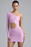 Chic Metallic Cut-Out One-Shoulder Mini Dress in Violet Pink