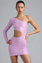 Chic Metallic Cut-Out One-Shoulder Mini Dress in Violet Pink