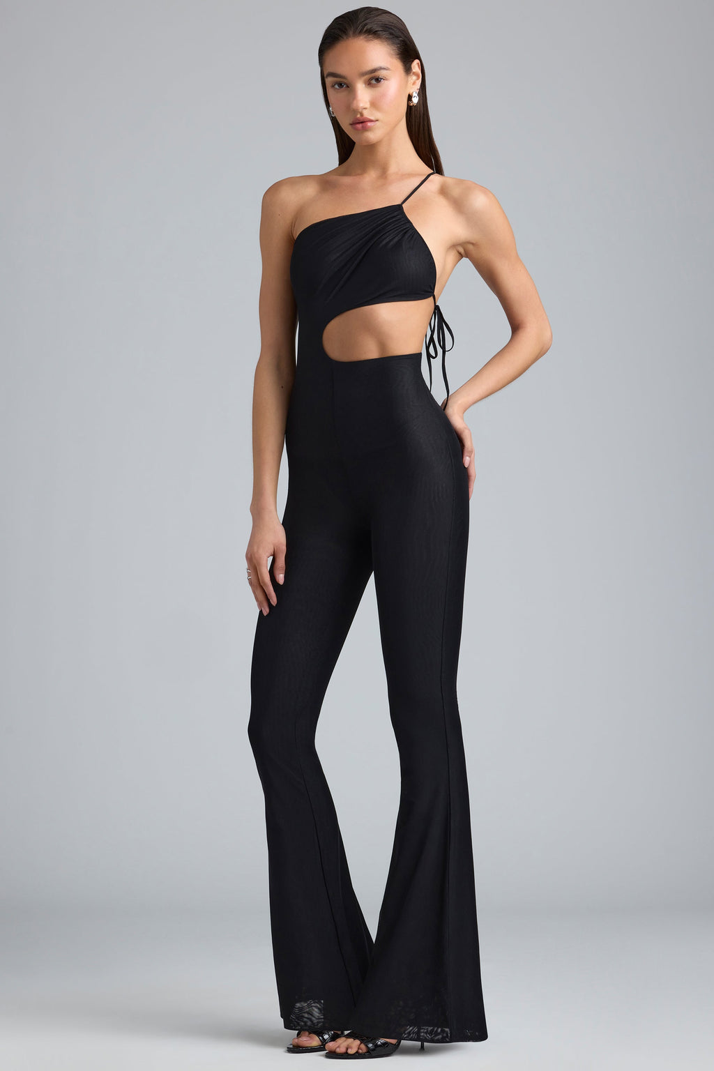 Chic Metallic Ruched Cut-Out Flared Jumpsuit in Black