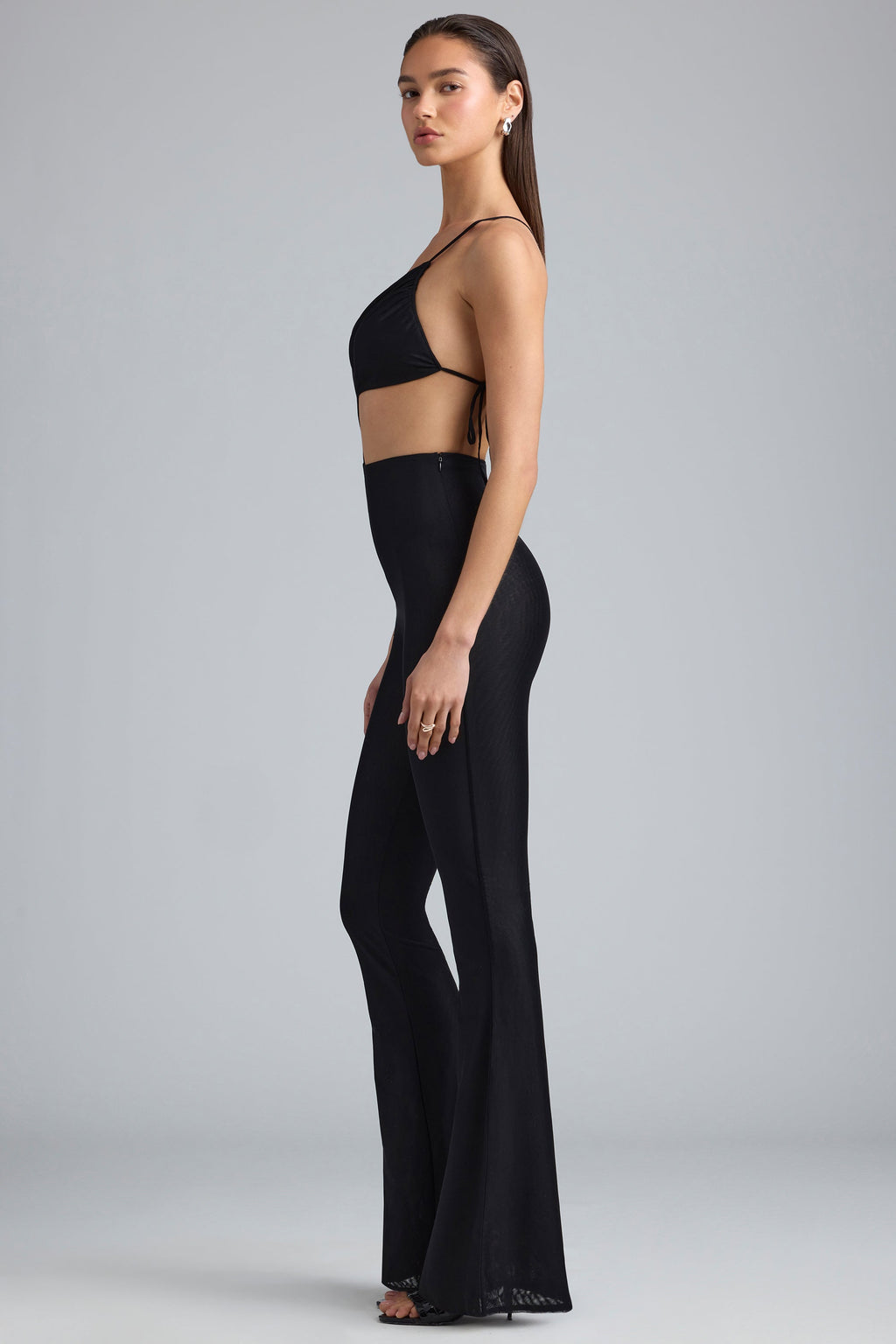 Chic Metallic Ruched Cut-Out Flared Jumpsuit in Black
