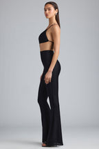 Chic Metallic Ruched Cut-Out Flared Jumpsuit in Black