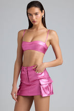 Chic Metallic Denim Mid-Rise Cargo Mini Skirt in Deep Pink