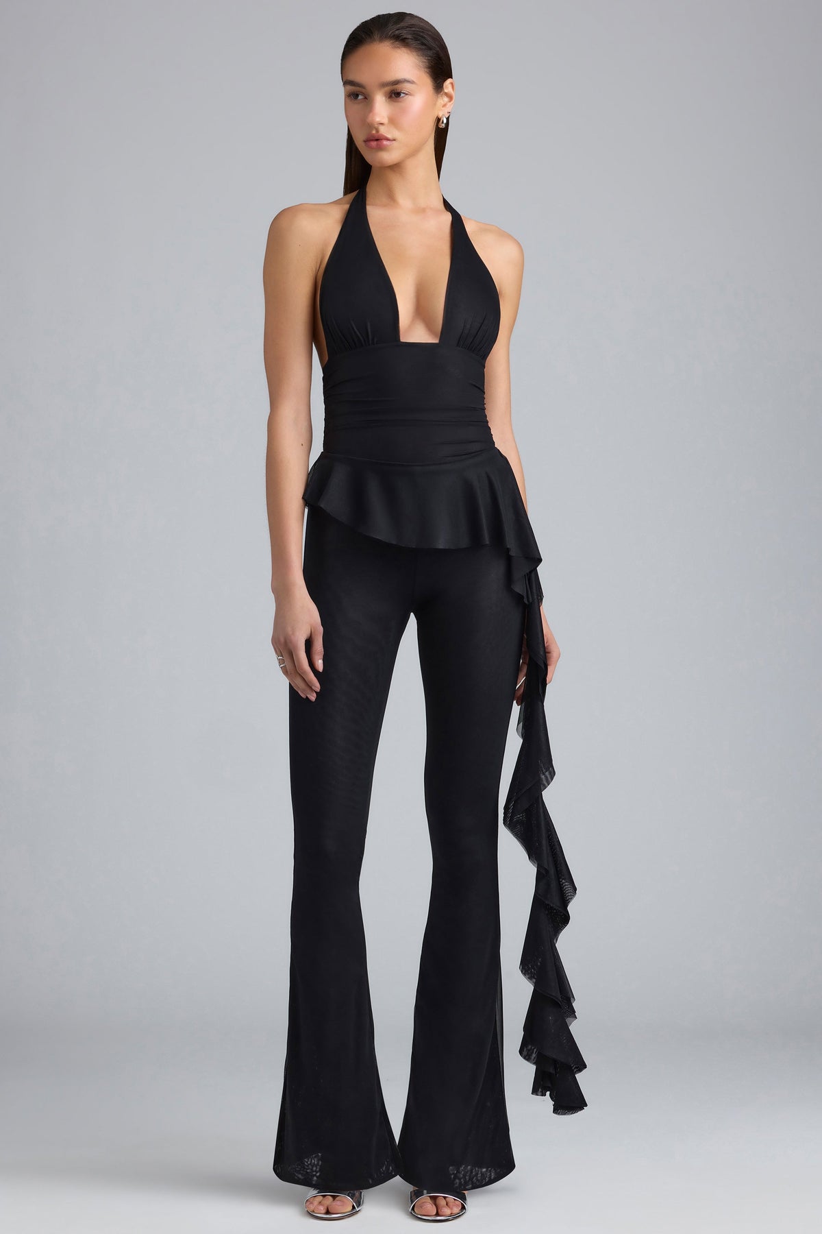 Chic Metallic Ruffle Low-Rise Flared Trousers in Black
