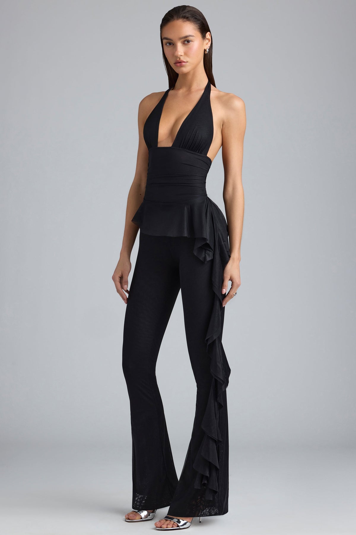 Chic Metallic Ruffle Low-Rise Flared Trousers in Black