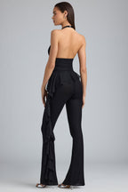 Chic Metallic Ruffle Low-Rise Flared Trousers in Black