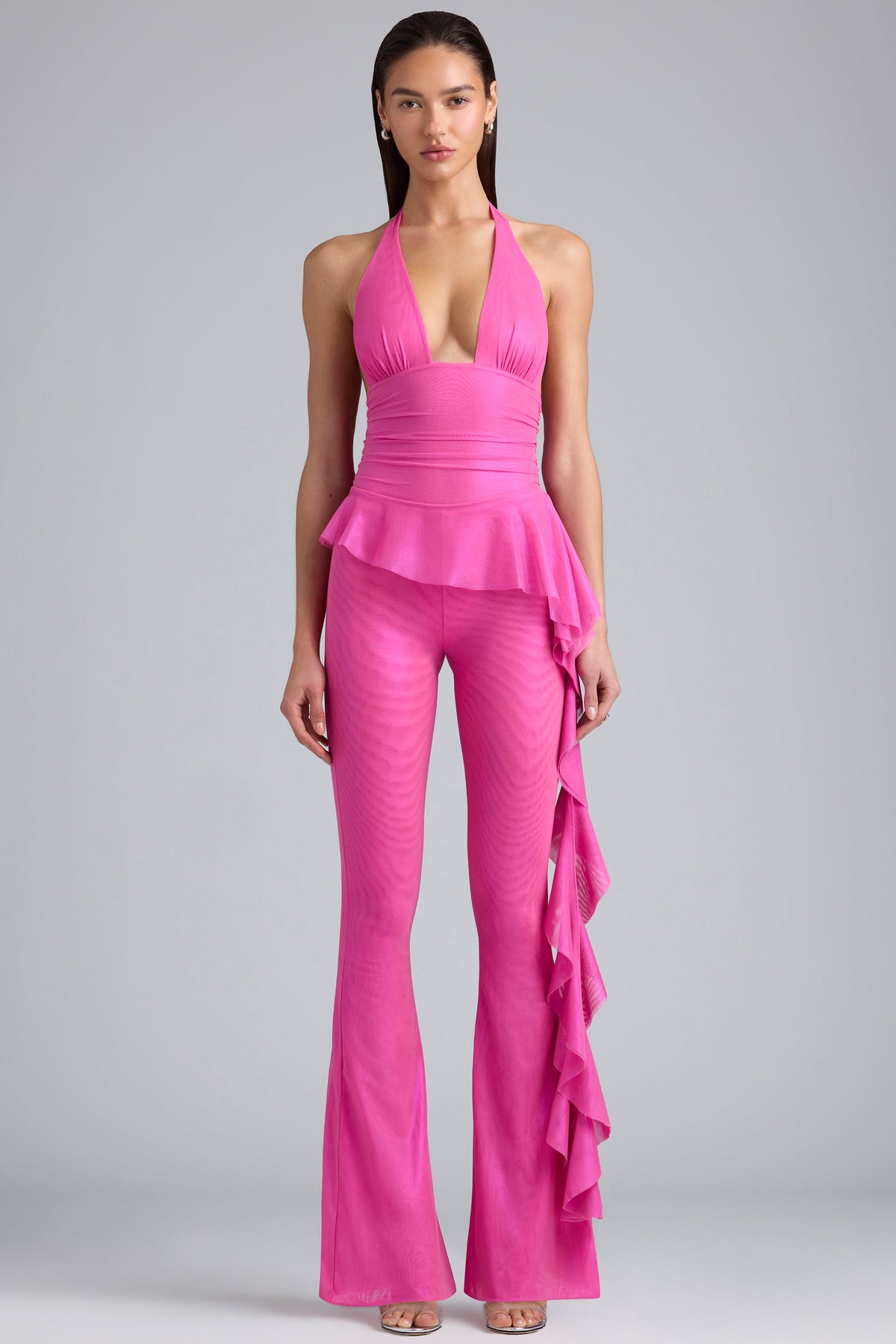 Chic Metallic Ruffle Low-Rise Flared Trousers in Bubblegum Pink