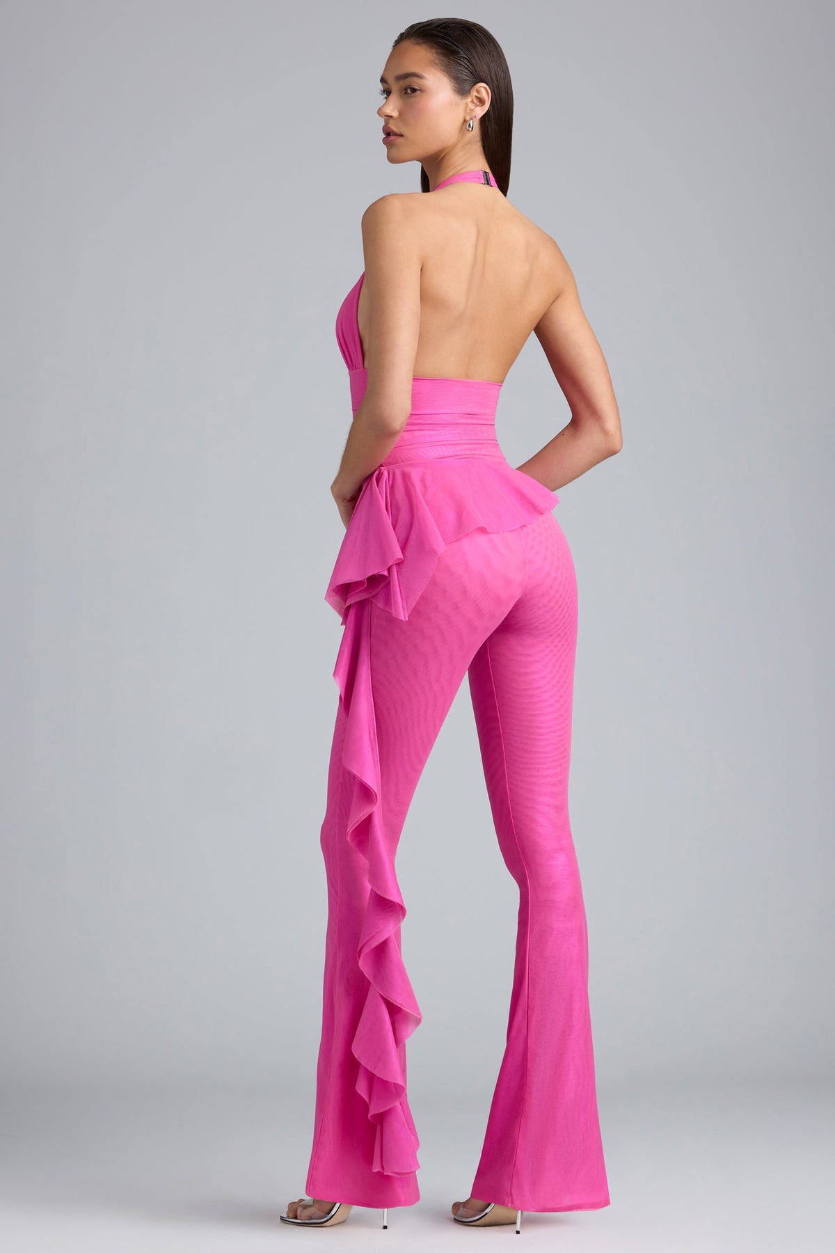 Chic Metallic Ruffle Low-Rise Flared Trousers in Bubblegum Pink