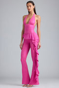 Chic Metallic Ruffle Low-Rise Flared Trousers in Bubblegum Pink