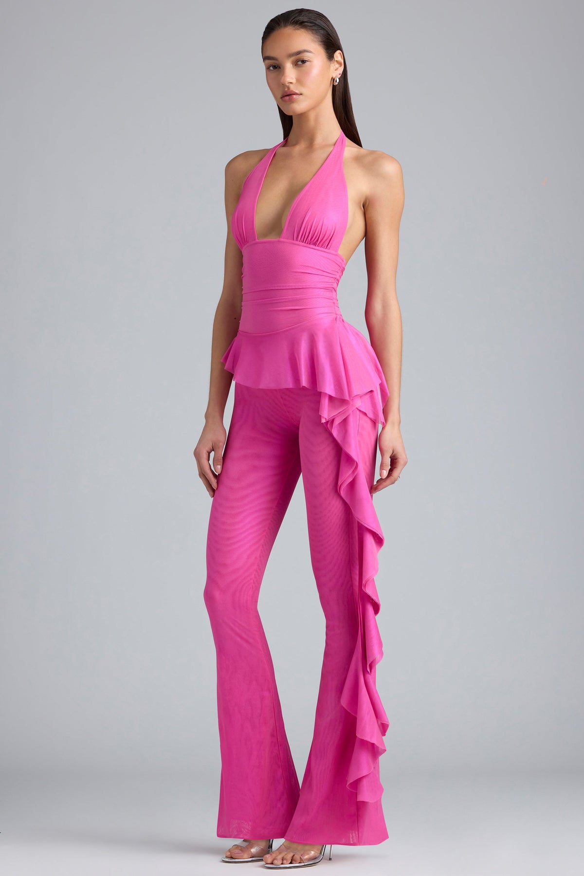 Chic Metallic Ruffle Low-Rise Flared Trousers in Bubblegum Pink