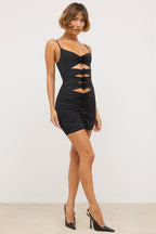 Chic Slinky Jersey Rose Detail Cut Out Mini Dress in Black