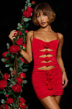 Chic Slinky Jersey Rose Detail Cut Out Mini Dress in Scarlet Red