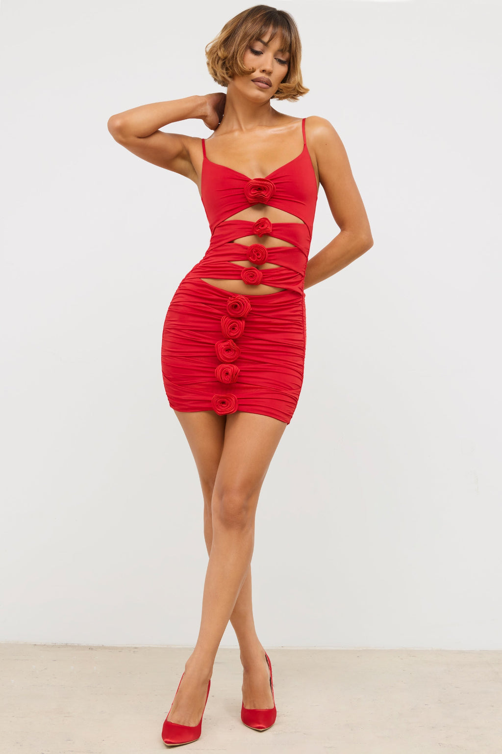 Chic Slinky Jersey Rose Detail Cut Out Mini Dress in Scarlet Red