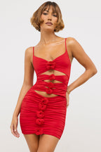 Chic Slinky Jersey Rose Detail Cut Out Mini Dress in Scarlet Red