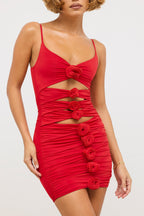 Chic Slinky Jersey Rose Detail Cut Out Mini Dress in Scarlet Red