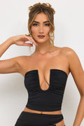 Chic Jersey Strapless Plunge Neck Top in Black