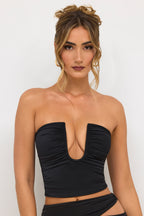 Chic Jersey Strapless Plunge Neck Top in Black