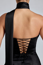 Chic Draped Halterneck Satin Mini Dress in Black