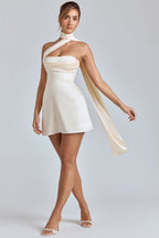 Chic Draped Halterneck Satin Mini Dress in Ivory