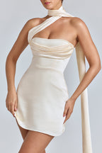 Chic Draped Halterneck Satin Mini Dress in Ivory
