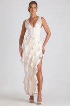 Chic Ruffle-Trim Corset Maxi Dress in Ivory