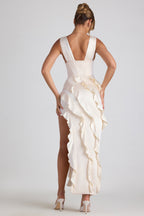 Chic Ruffle-Trim Corset Maxi Dress in Ivory