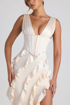 Chic Ruffle-Trim Corset Maxi Dress in Ivory