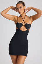 Chic Embellished Heart Cup Detail Mini Dress in Black