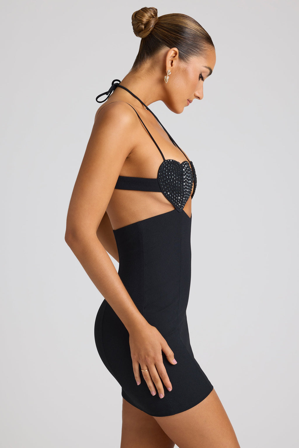 Chic Embellished Heart Cup Detail Mini Dress in Black