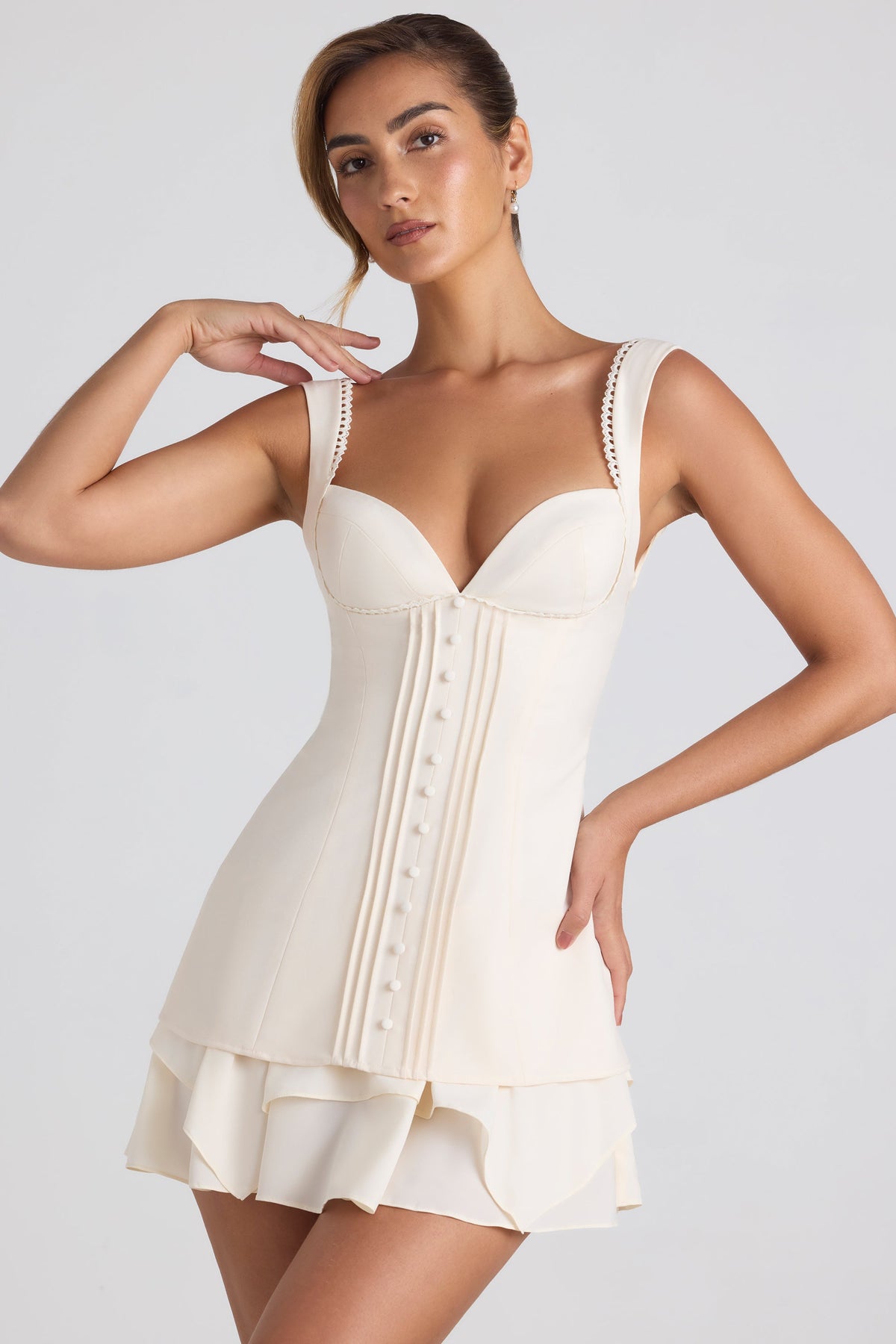 Chic Ruffle-Trim Button-Detail Corset Mini Dress in Ivory