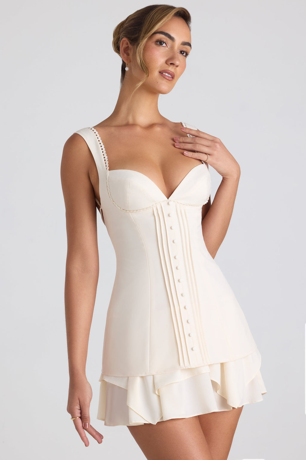 Chic Ruffle-Trim Button-Detail Corset Mini Dress in Ivory