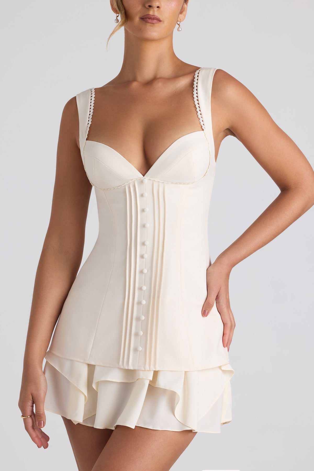 Chic Ruffle-Trim Button-Detail Corset Mini Dress in Ivory