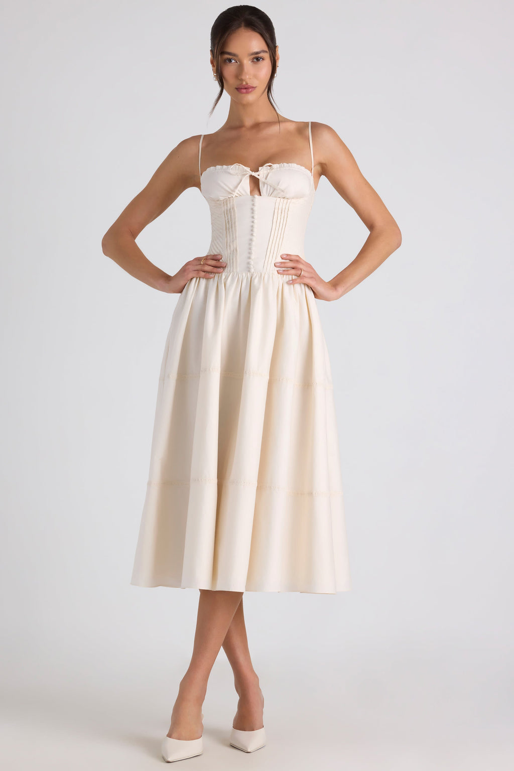 Chic Lace-Trim Pintucked Poplin Midaxi Dress in Ivory