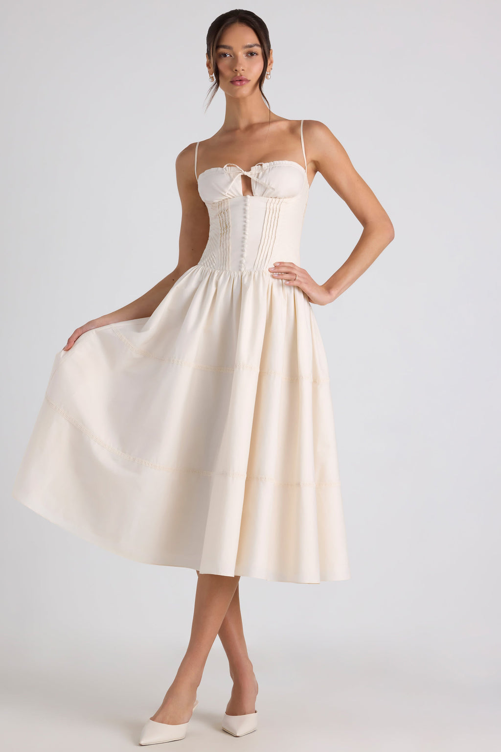 Chic Lace-Trim Pintucked Poplin Midaxi Dress in Ivory