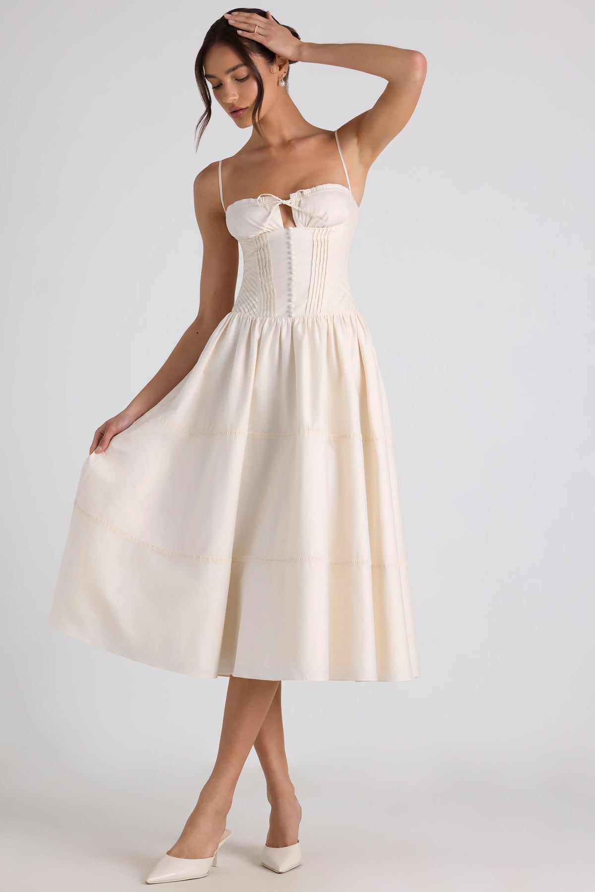 Chic Lace-Trim Pintucked Poplin Midaxi Dress in Ivory