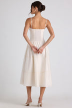 Chic Lace-Trim Pintucked Poplin Midaxi Dress in Ivory