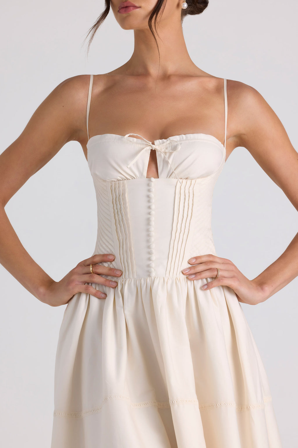Chic Lace-Trim Pintucked Poplin Midaxi Dress in Ivory