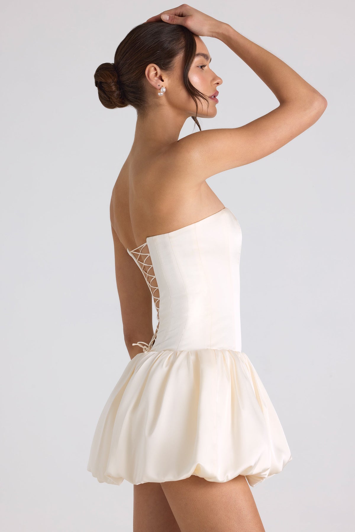 Chic Lace-Up Bubble Hem Corset Mini Dress in Ivory