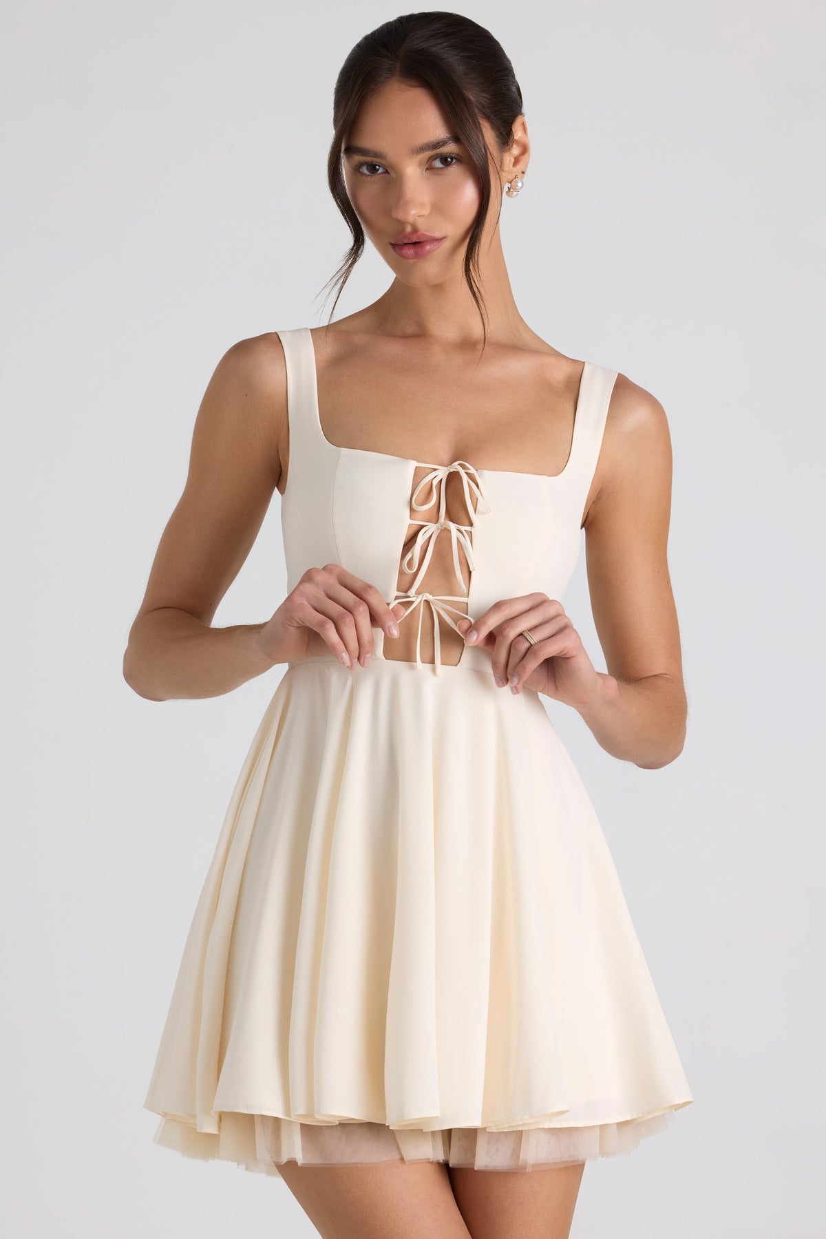 Chic Tie-Detail A-Line Micro Mini Dress in Ivory