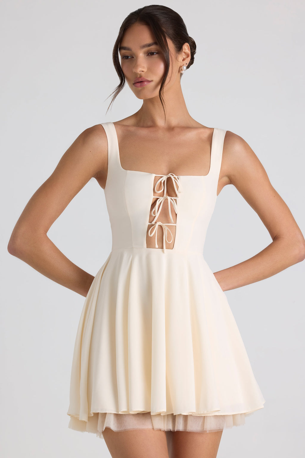Chic Tie-Detail A-Line Micro Mini Dress in Ivory