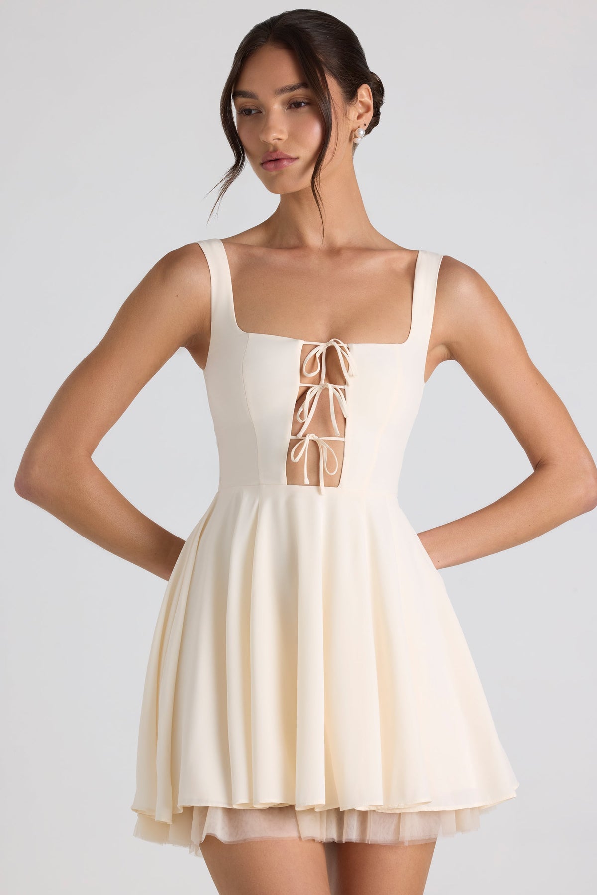 Chic Tie-Detail A-Line Micro Mini Dress in Ivory