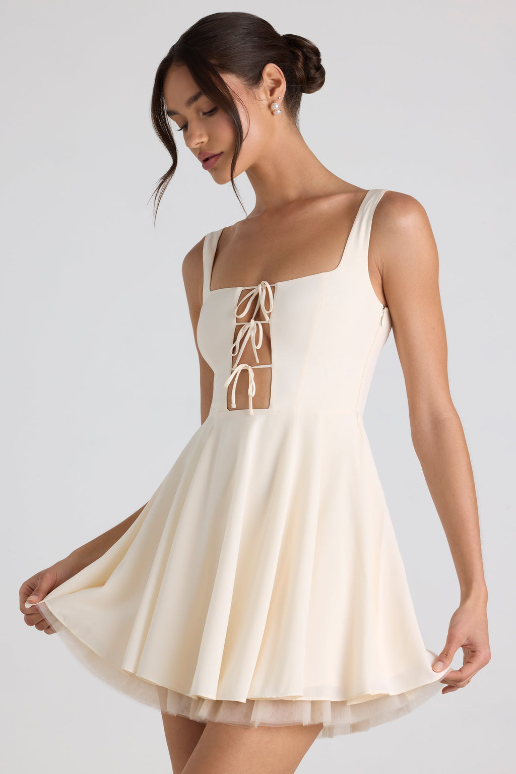 Chic Tie-Detail A-Line Micro Mini Dress in Ivory