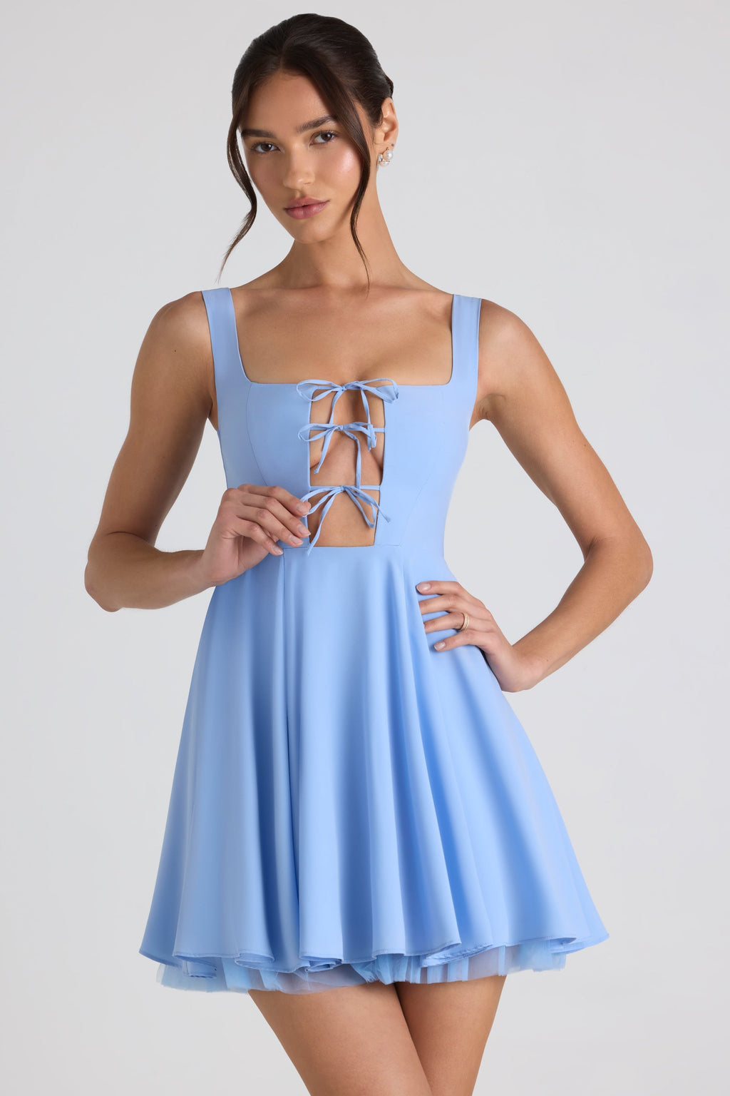 Chic Tie-Detail A-Line Micro Mini Dress in Sky Blue