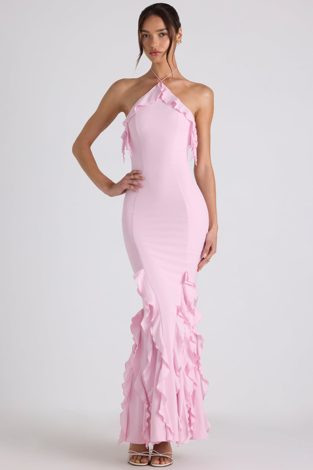 Chic Ruffle-Trim Halterneck Gown in Soft Pink