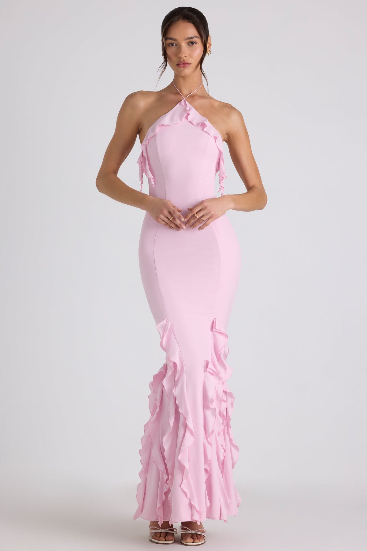 Chic Ruffle-Trim Halterneck Gown in Soft Pink