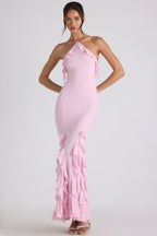 Chic Ruffle-Trim Halterneck Gown in Soft Pink