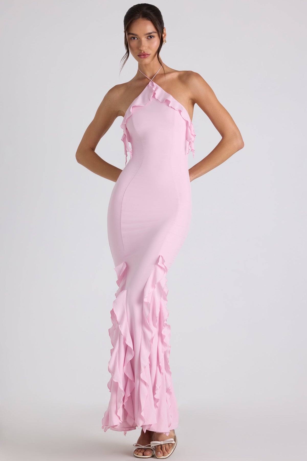 Chic Ruffle-Trim Halterneck Gown in Soft Pink